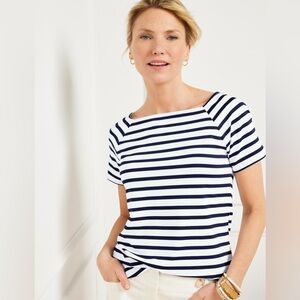 Talbots L Stretchy Nautical Top Navy White Sailor Causal Raglan Sleeve Preppy